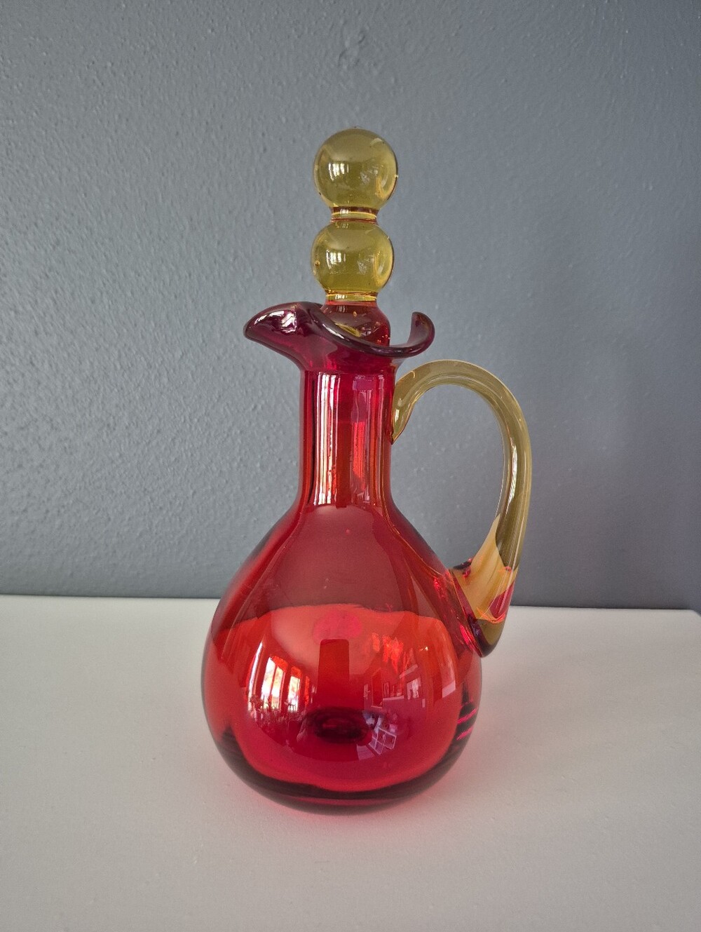 Vintage MCM Rainbow Glass Red and Amber Yellow Glass Cruet Pitcher